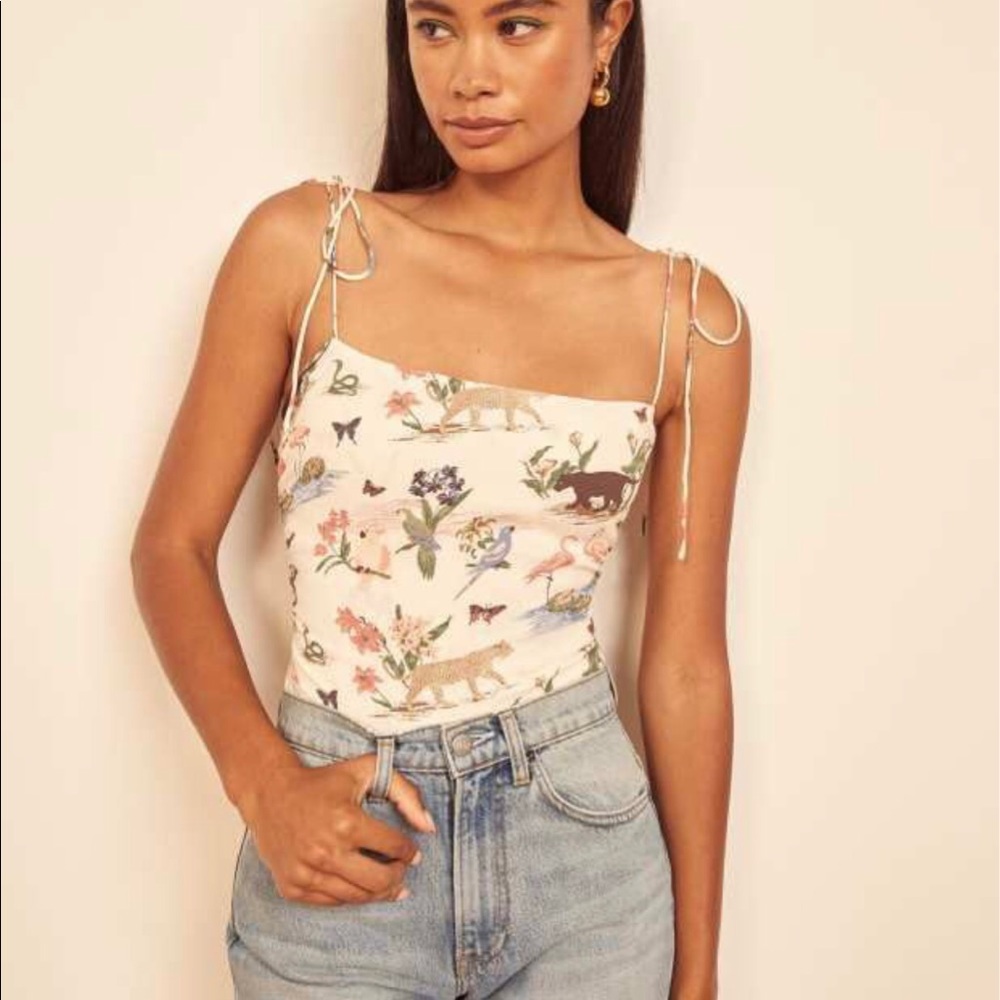 Reformation Floral & Animal Print Cream Tie-Strap Tank Top